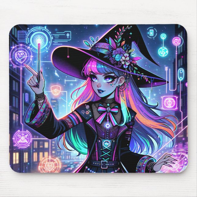 Neon Cyberpunk Tech Witch - Futuristic Art Design Mouse Mat (Front)