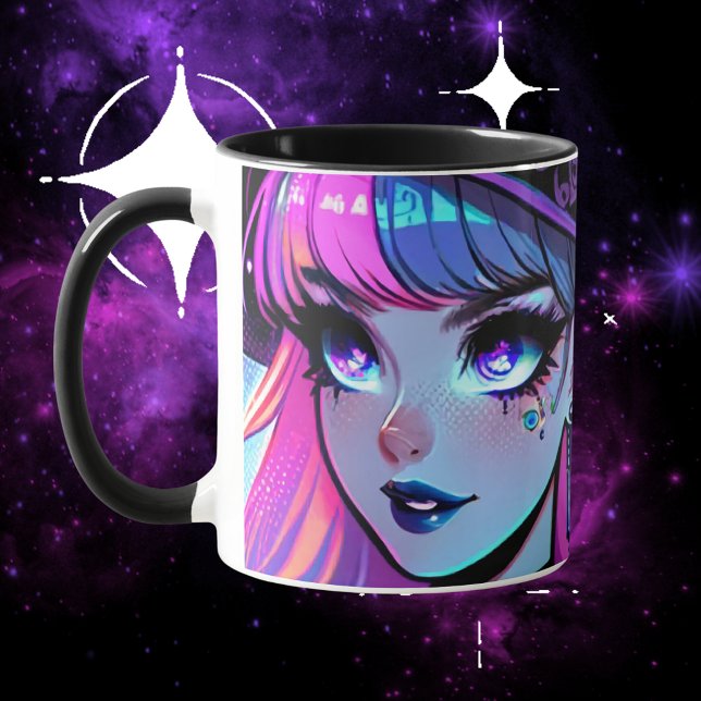 Neon Cyberpunk Tech Witch - Futuristic Art Design Mug (cyberpunk, witch, tech, cyber, wiccan, pagan, neon, media, synthwave, mug, gift)