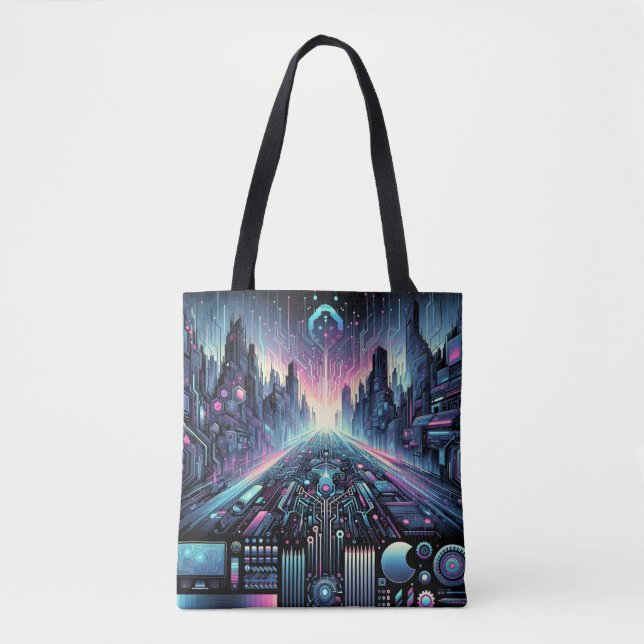 Neon Cyberworld Tote Bag (Front)
