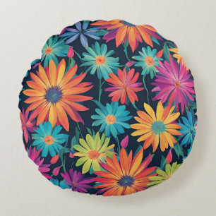 Neon Daisies  Round Cushion
