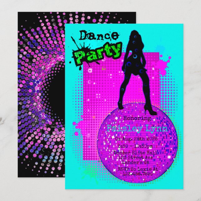 Neon Dance Birthday Party  Invitation (Front/Back)
