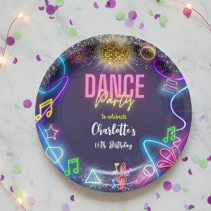 Neon dance party birthday paper plate