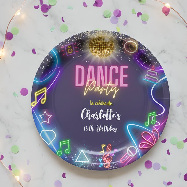 Neon dance party birthday paper plate (Creator Uploaded)