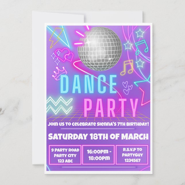 Neon Dance Party Invitations (Front)