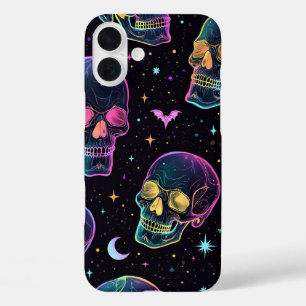 Neon dark colourful laughing skull iPhone 16 plus case