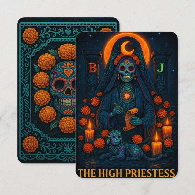 Neon Dia de los Muertes High Priestess Tarot Card (Front/Back)