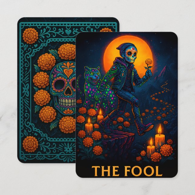 Neon Dia de los Muertos The Fool Tarot Card (Front/Back)