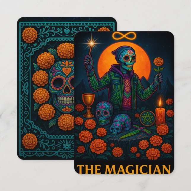 Neon Dia de los Muertos The Magician Tarot Card (Front/Back)