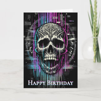 Neon Digital Decay Gothic Cyber Skull Thank You Card