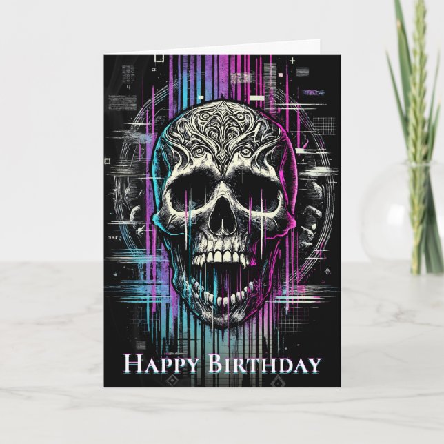 Neon Digital Decay Gothic Cyber Skull Thank You Card (Front)