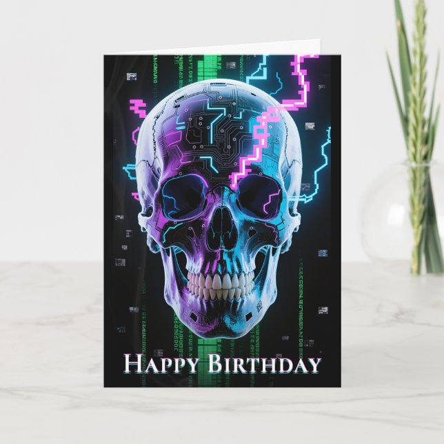 Neon Digital Decay Gothic Cyber Skull Thank You Card (Front)