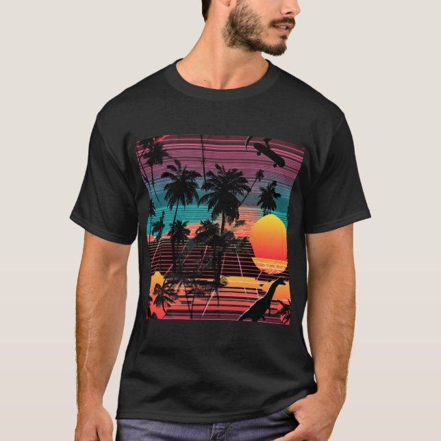 Neon Dinosaur and Skater at Sunset T-Shirt (Front)
