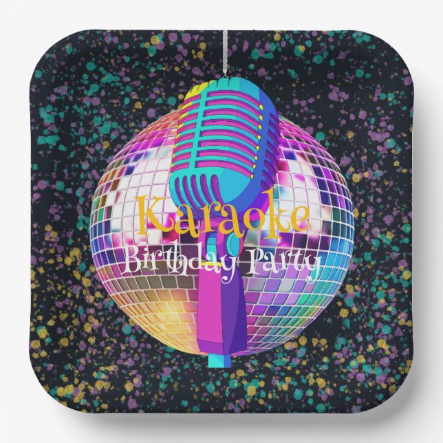 Neon Disco Ball Karaoke Birthday Party Paper Plate (Front)