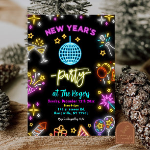 Neon Disco Ball New Year's Holiday Party Invitation