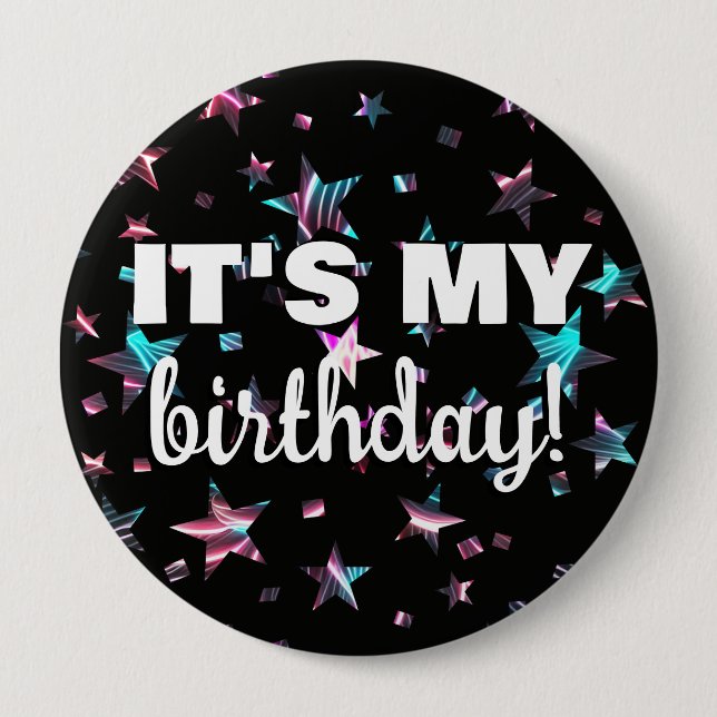 Neon Disco Laser Stars Confetti It's My Birthday 10 Cm Round Badge (Front)