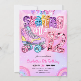Neon Disco Roller Skating 12th Birthday Invitation