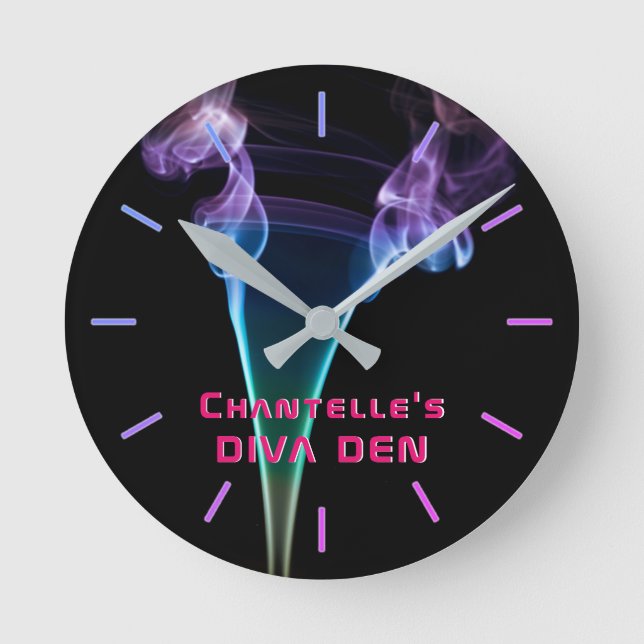 NEON DIVA DEN - Smokey Lights Girls Personalised Round Clock (Front)
