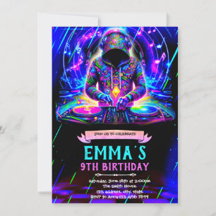 Neon DJ birthday party invitation