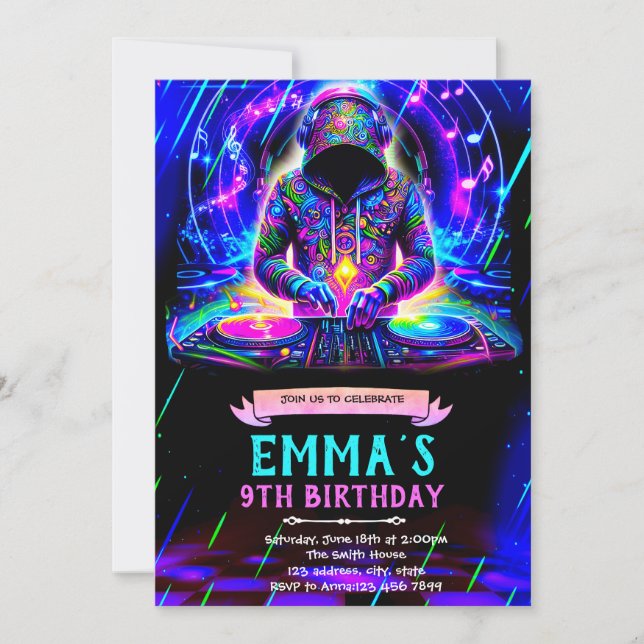 Neon DJ birthday party invitation (Front)