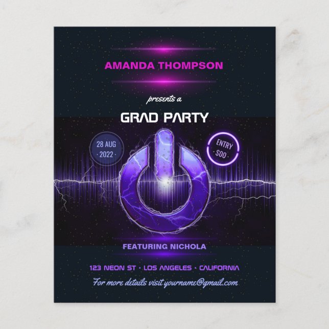 Neon DJ Music Graduation Party Invitation Flyer (Front)