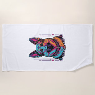 Neon Dog Portrait Vintage Engraving Graphic_1 Beach Towel