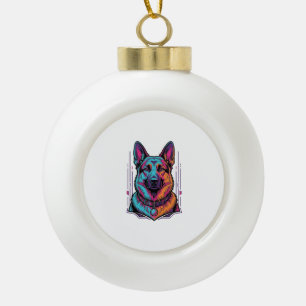 Neon Dog Portrait Vintage Engraving Graphic_1 Ceramic Ball Christmas Ornament