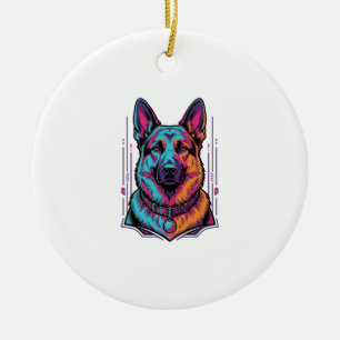 Neon Dog Portrait Vintage Engraving Graphic_1 Ceramic Tree Decoration
