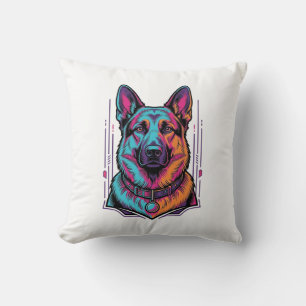 Neon Dog Portrait Vintage Engraving Graphic_1 Cushion