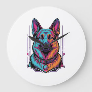 Neon Dog Portrait Vintage Engraving Graphic_1 Large Clock