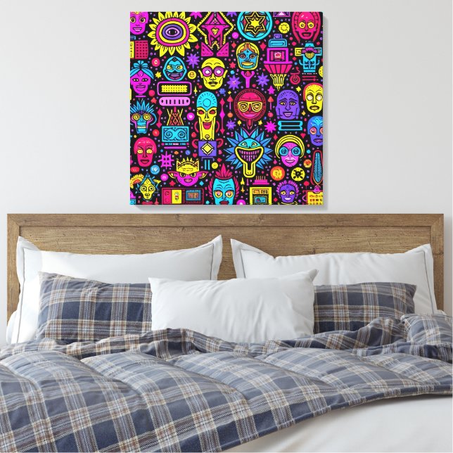 Neon Doodle Faces – Vibrant Street Art Pattern Canvas Print (Insitu(Bedroom))