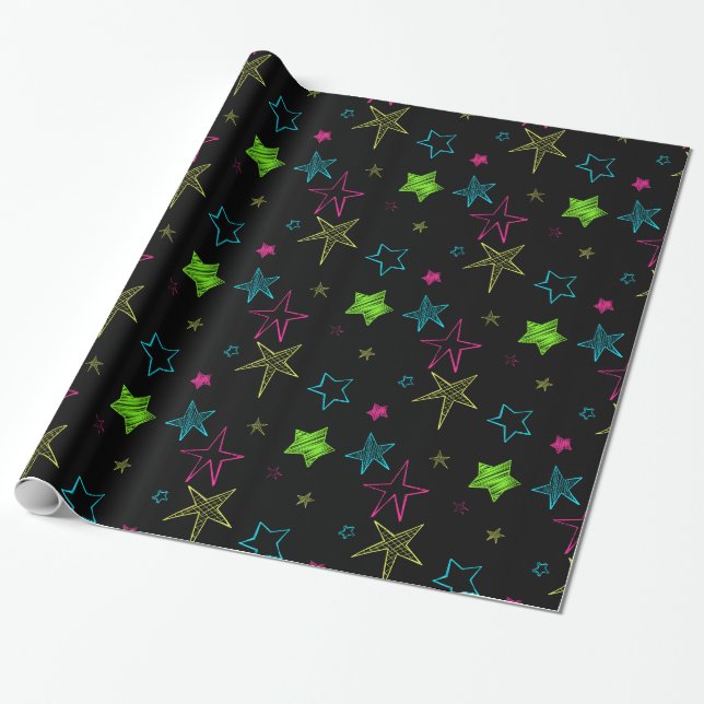 Neon Doodle Stars Wrapping Paper (Unrolled)