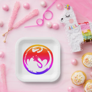 Neon Dragon white square paper plates