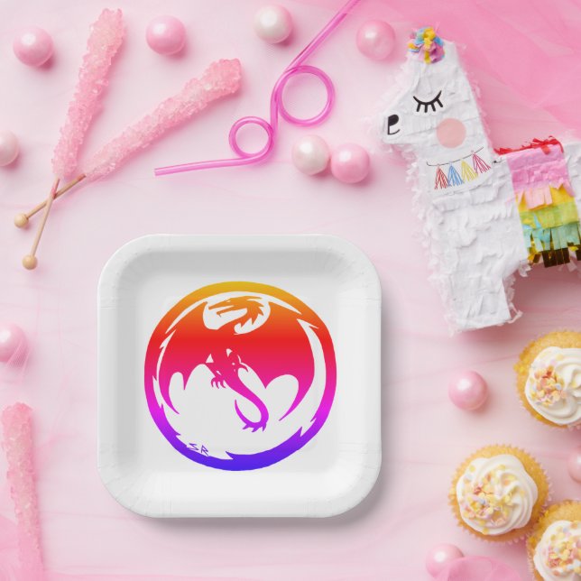 Neon Dragon white square paper plates (Party)