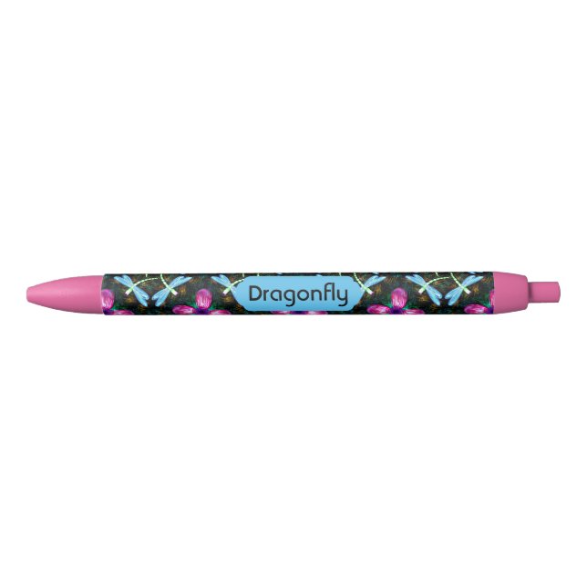 Neon Dragonflies Pink Flower Black Shimmer Pattern Black Ink Pen (Front)