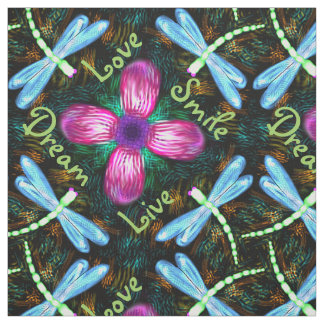 Neon Dragonflies Pink Flower Black Shimmer Pattern Fabric