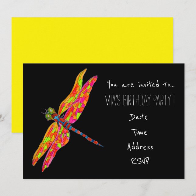 Neon dragonfly young girl birthday party invitation (Front/Back)