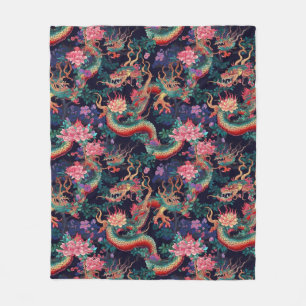 Neon Dragons and Flowers Fleece Blanket