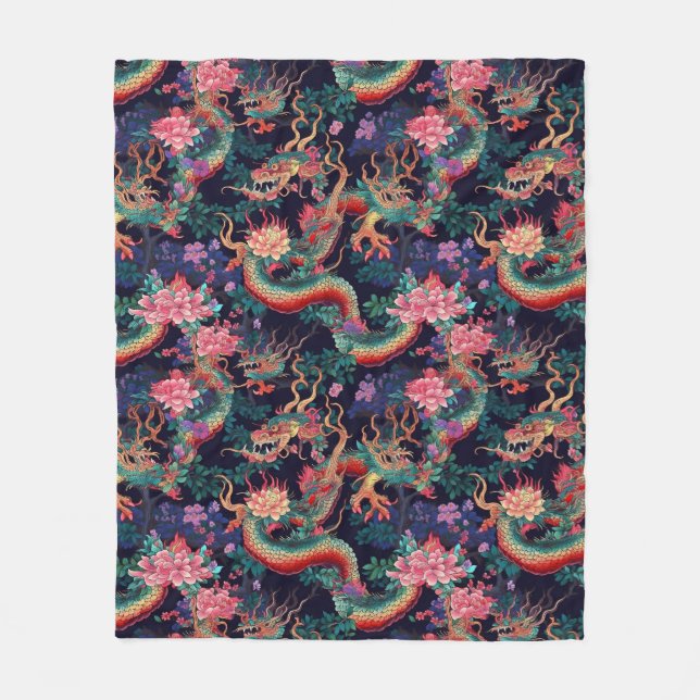 Neon Dragons and Flowers Fleece Blanket (Front)