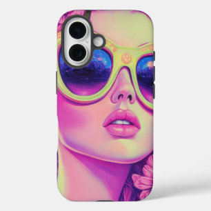 Neon Dream Girl with Floral Sunglasses iPhone 16 Case