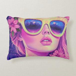 Neon Dream Girl with Floral Sunglasses Decorative Cushion