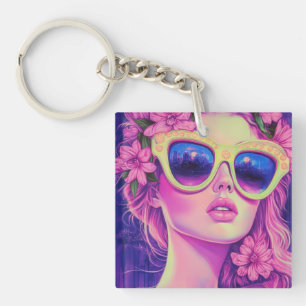 Neon Dream Girl with Floral Sunglasses Key Ring
