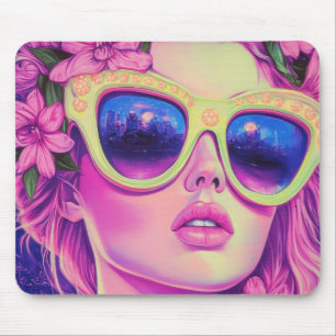 Neon Dream Girl with Floral Sunglasses Mouse Mat