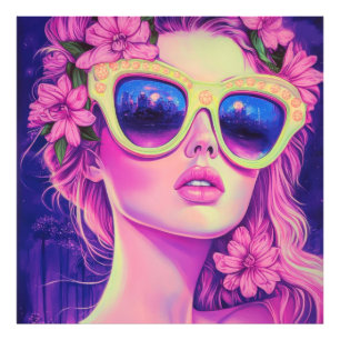 Neon Dream Girl with Floral Sunglasses Photo Print