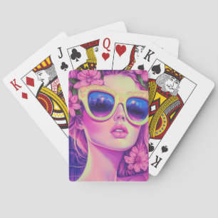 Neon Dream Girl with Floral Sunglasses Playing Cards