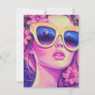 Neon Dream Girl with Floral Sunglasses Postcard