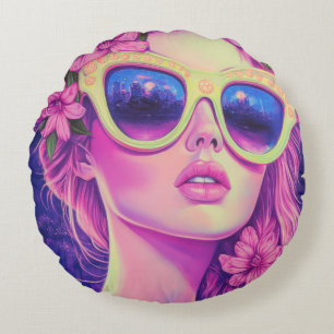 Neon Dream Girl with Floral Sunglasses Round Cushion