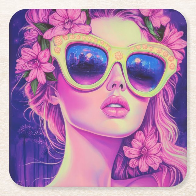 Neon Dream Girl with Floral Sunglasses Square Paper Coaster (Front)