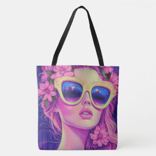 Neon Dream Girl with Floral Sunglasses Tote Bag