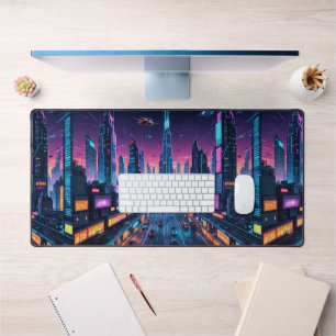 Neon Dreams: A Futuristic Cityscape Desk Mat