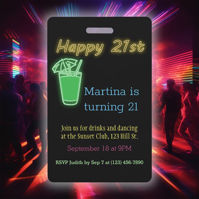 Neon Drinks And Dancing 21st Birthday Party Invita ID Badge (Creator Uploaded)